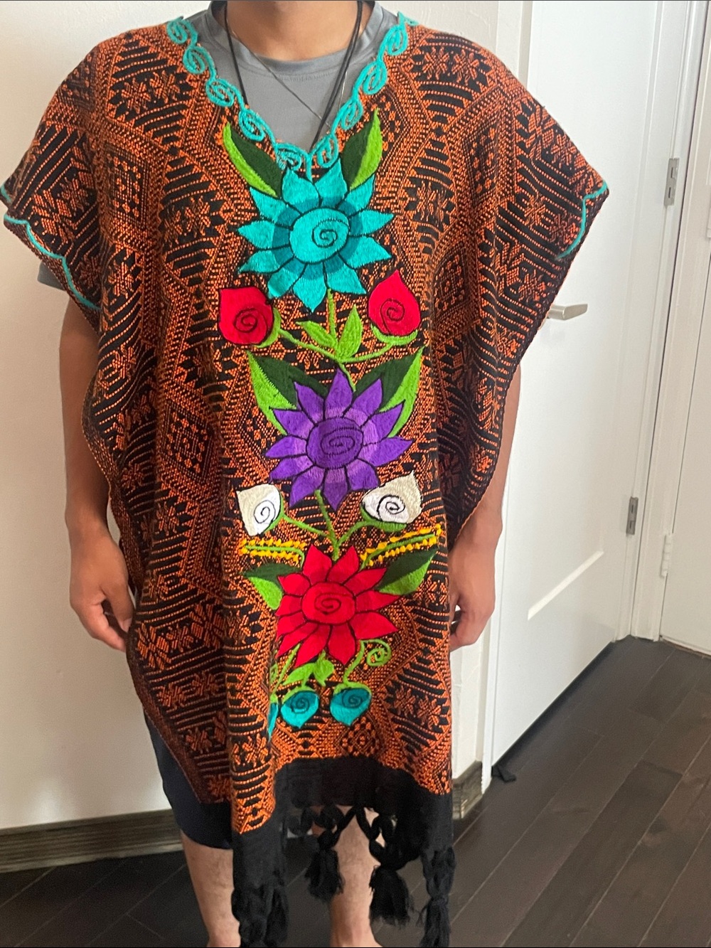 Hand-Embroidered Floral Poncho in Black & Rust with Bright Multicolor Flowers